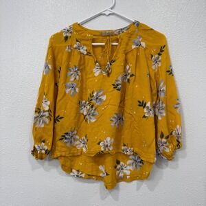 LoveStitch Yellow Floral Print Keyhole Neck 3/4‎ Sleeve Top Size S